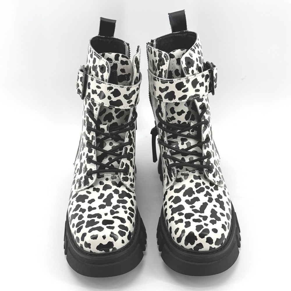 Levis Womens Giselle- Leopard Print Combat Lace Up Boots Shoes Black Cream NEW - Picture 3 of 16